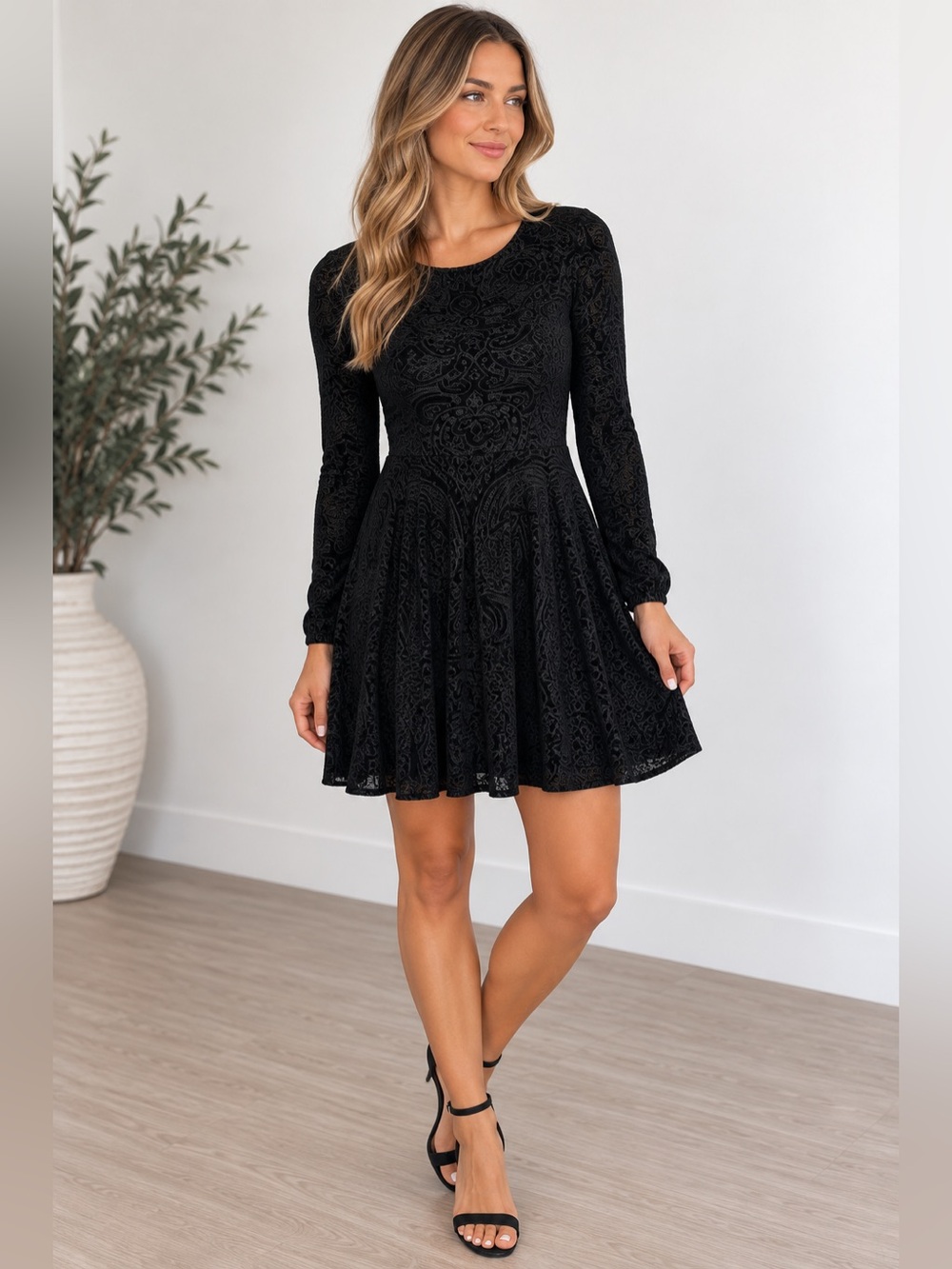 Ecote embossed velvet long sleeve open back skater dress